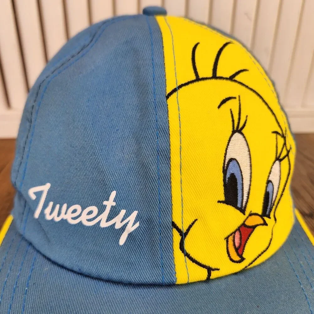 VTG 90s Looney Tunes Tweety Bird Snapback Hat Blue Yellow Adjustable Youth Cap